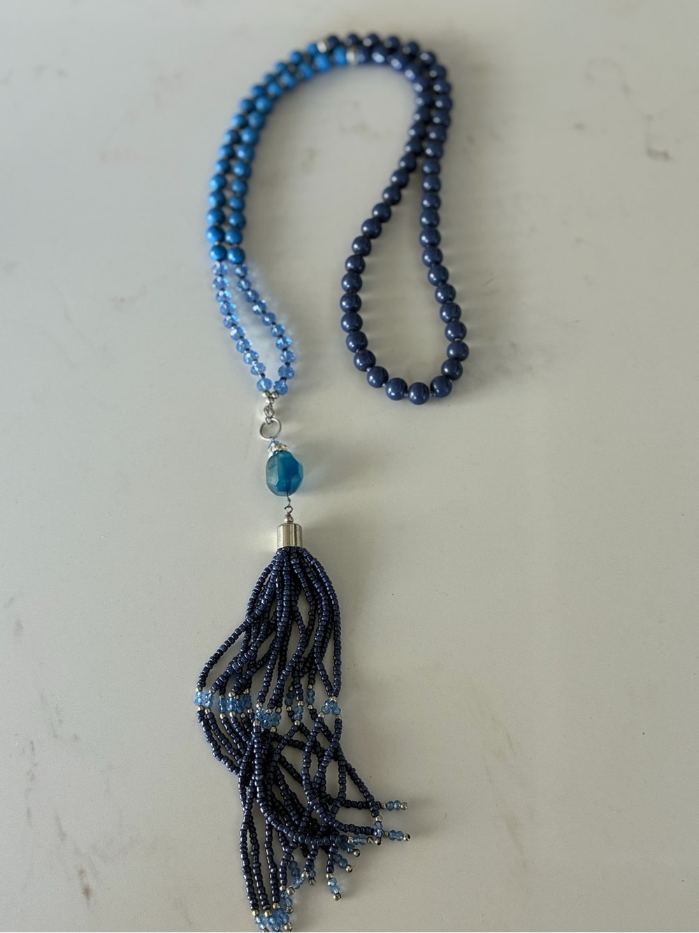 Anthropologie Blue Beaded Tassel Necklace - Blue